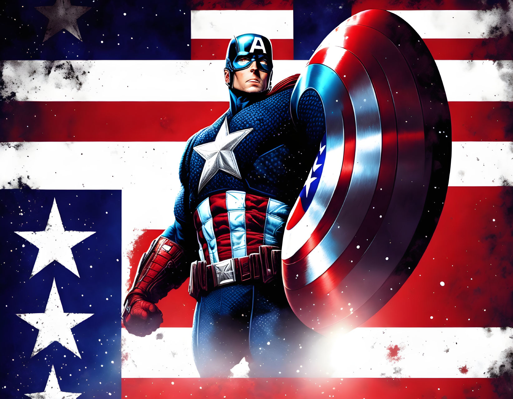 Superhero in patriotic pose with shield and flag.