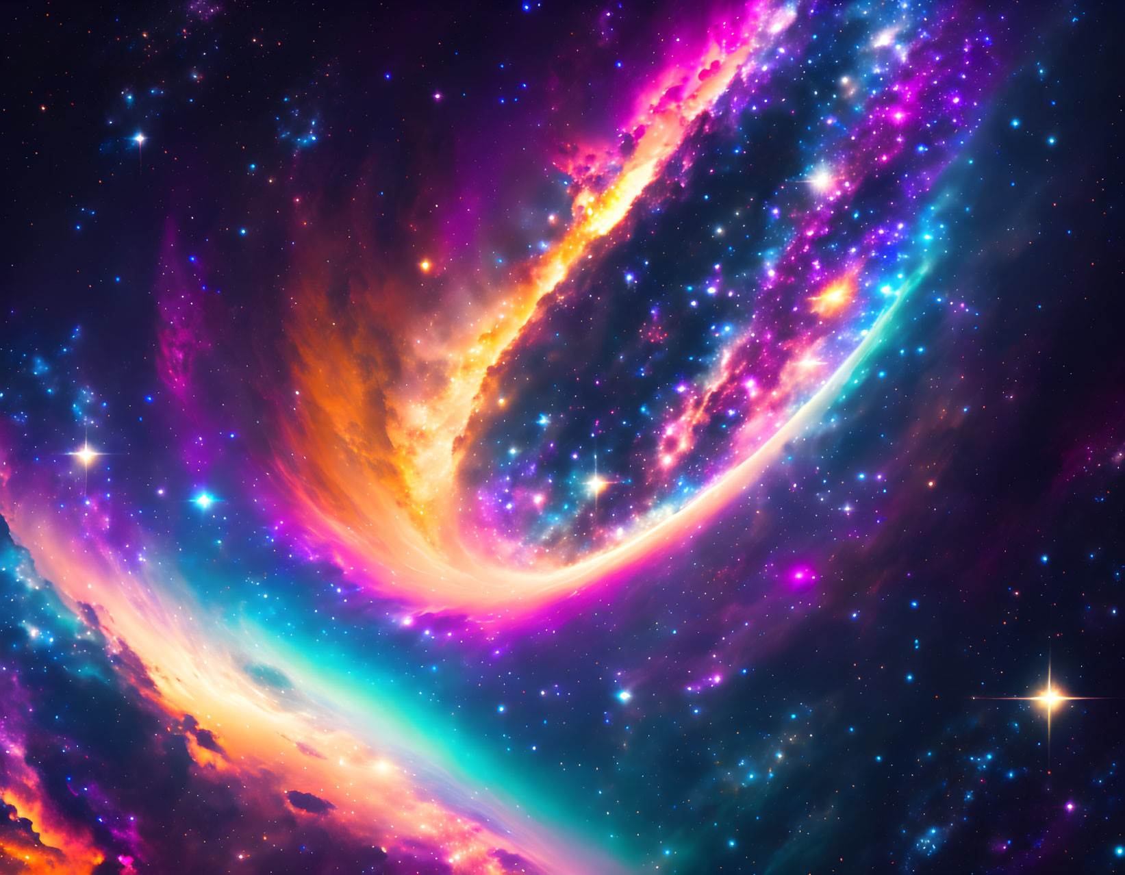 Colorful swirling galaxy in purple, blue, and orange hues on starry space backdrop