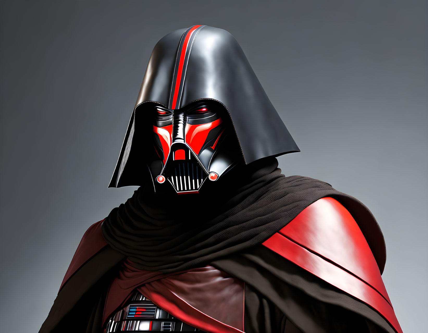 Detailed portrayal of iconic character with glossy black helmet, red accents, brown cape, and grey backdrop