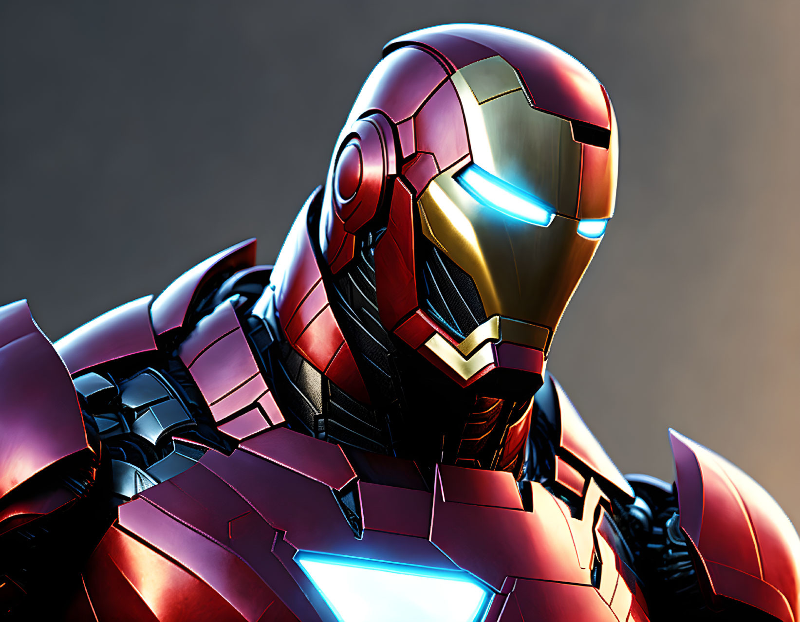 Detailed Iron Man helmet and shoulder armor in vibrant red and gold colors, with illuminated eyes and metallic textures