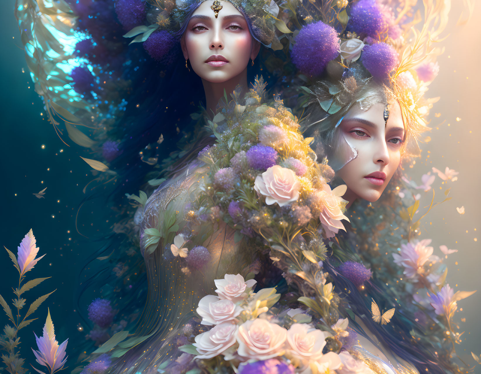 Ethereal women with floral headdresses in mystical digital art