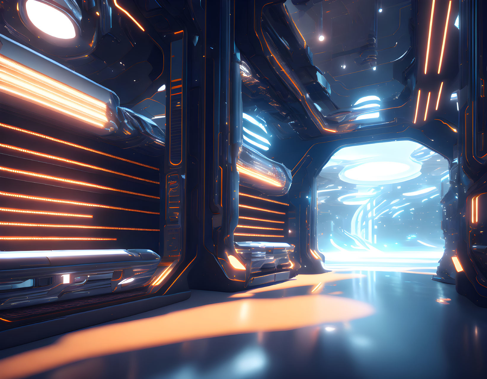 Futuristic Sci-Fi Space Station Corridor with Neon Blue Lighting