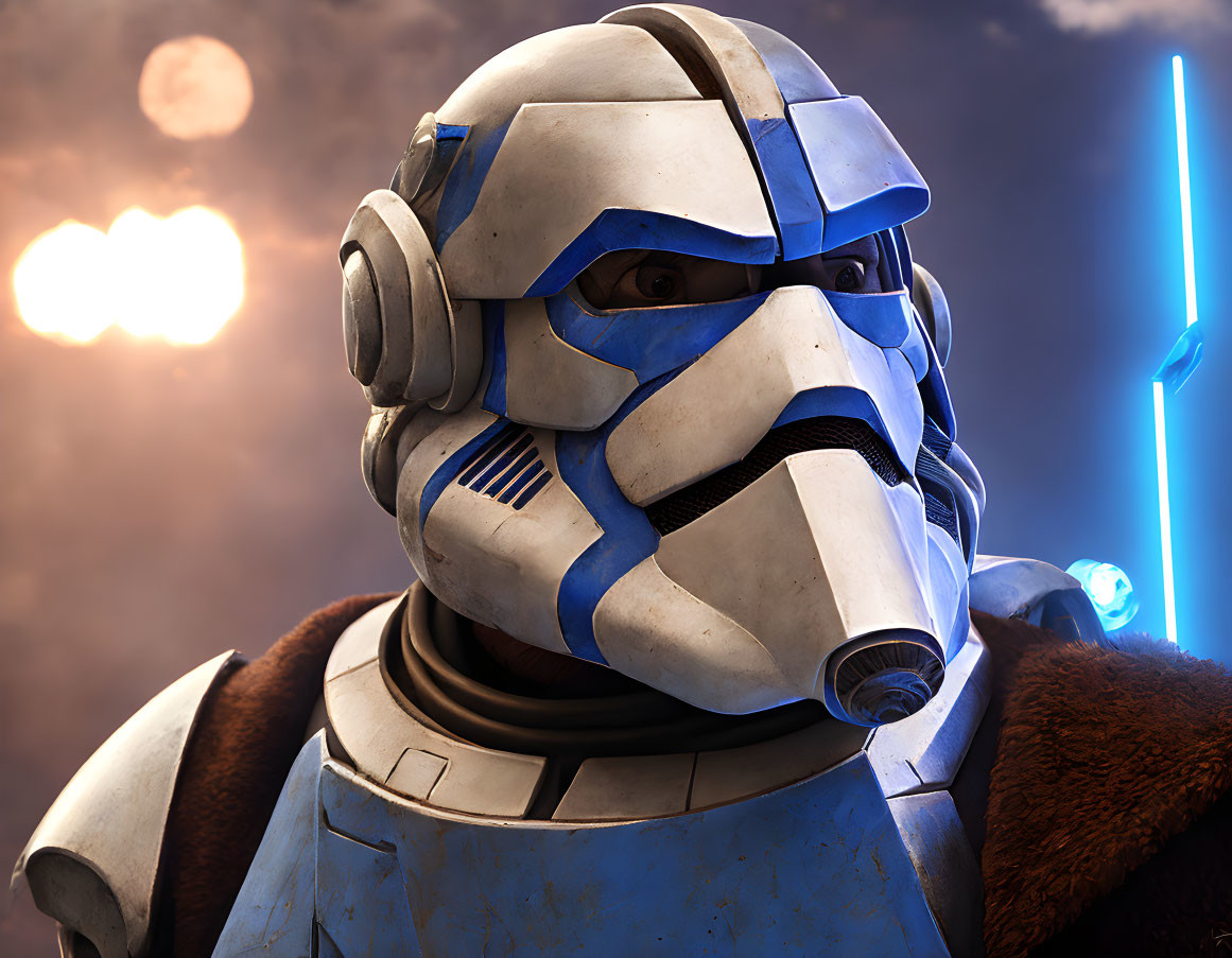 Detailed Clone Trooper close-up with blue lightsaber and dramatic sky.