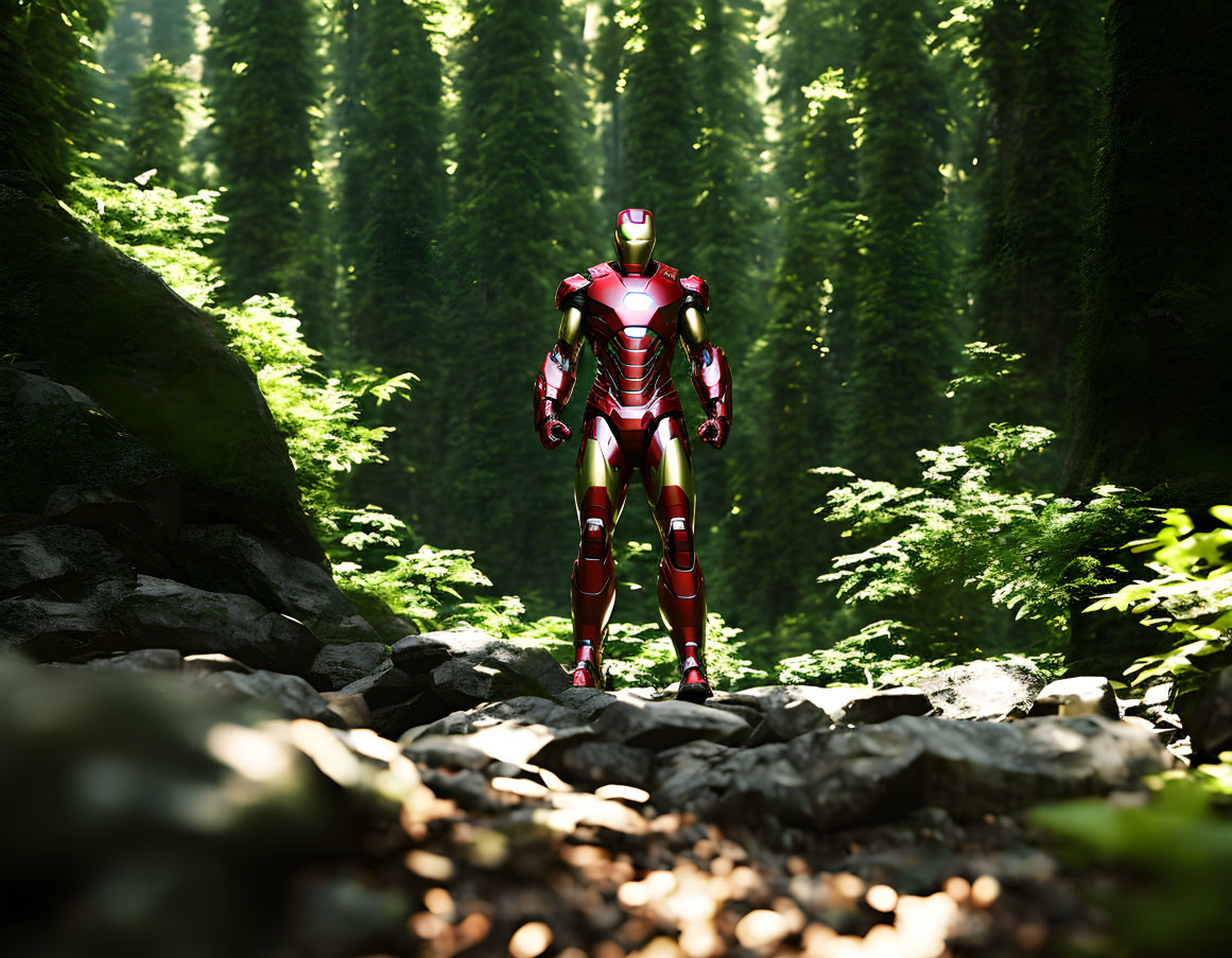 Red and Gold Suit Figure in Sunlit Forest Clearing surrounded by Tall Trees