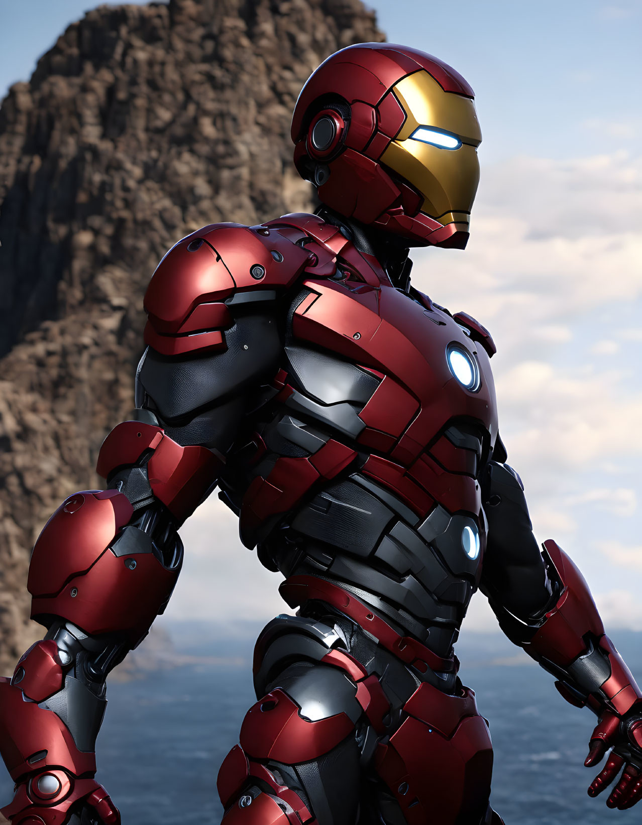 Detailed Image: Red and Gold Armored Suit with Glowing Chest Piece on Rocky Coastal Background