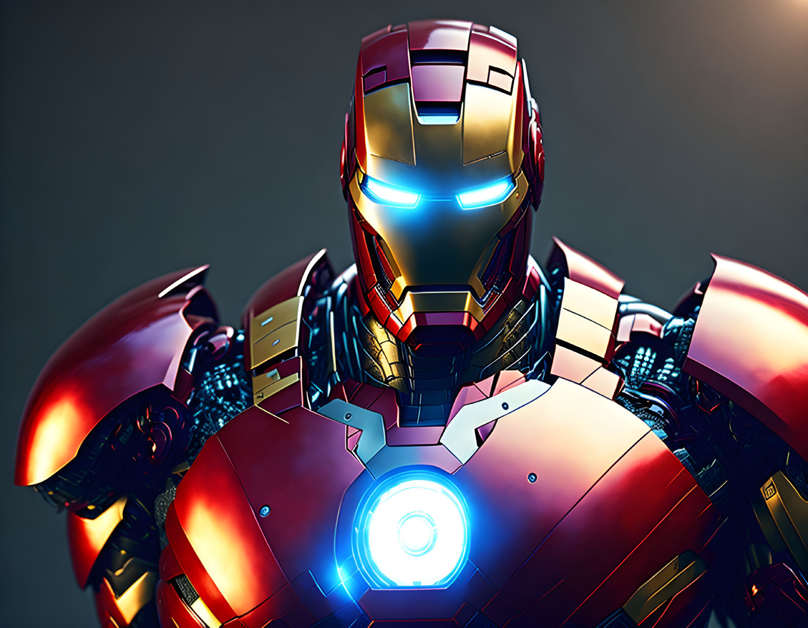 Detailed Red and Gold Armored Suit with Glowing Blue Features