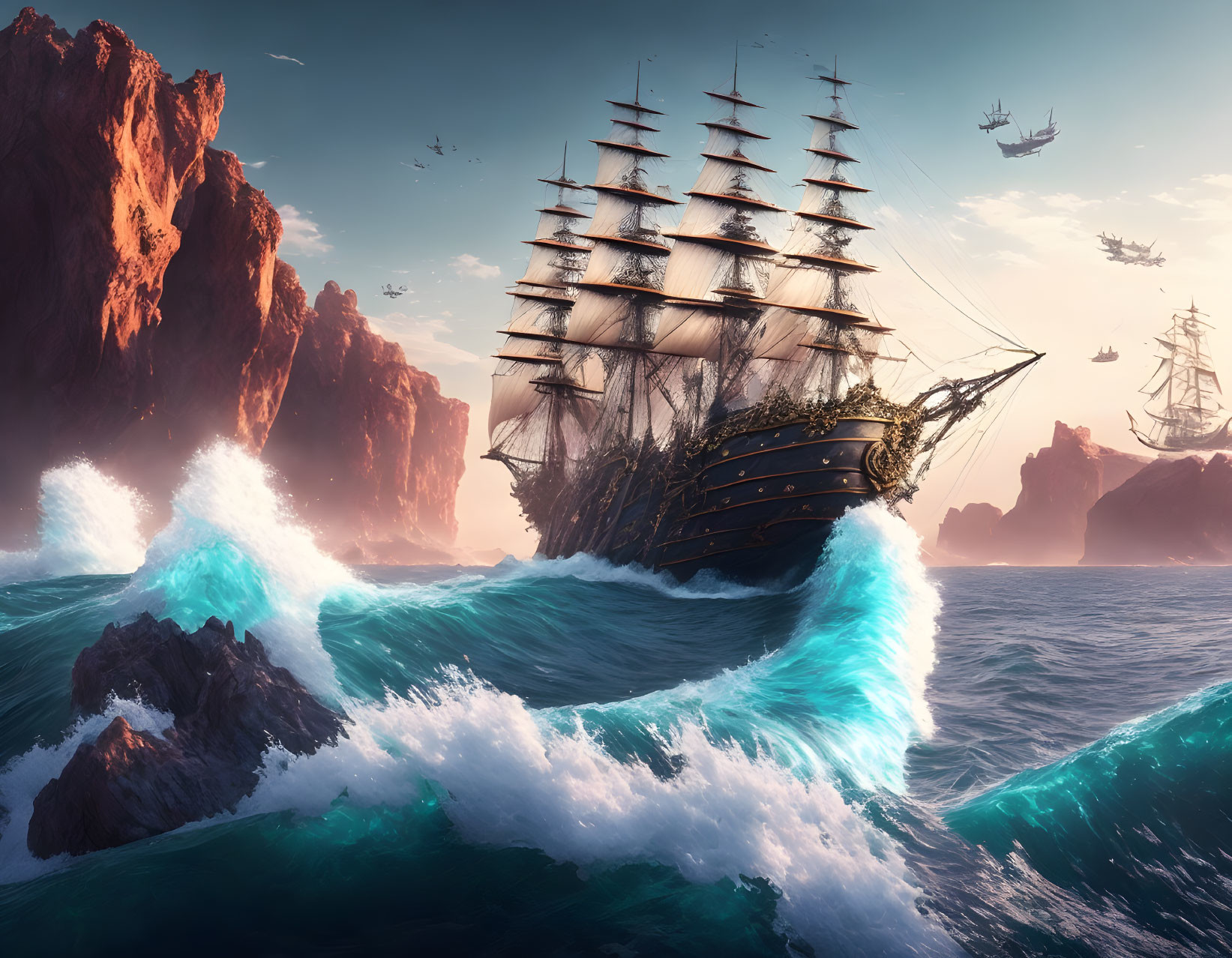 Tall ship sailing in turbulent seas with crashing waves and dramatic sky