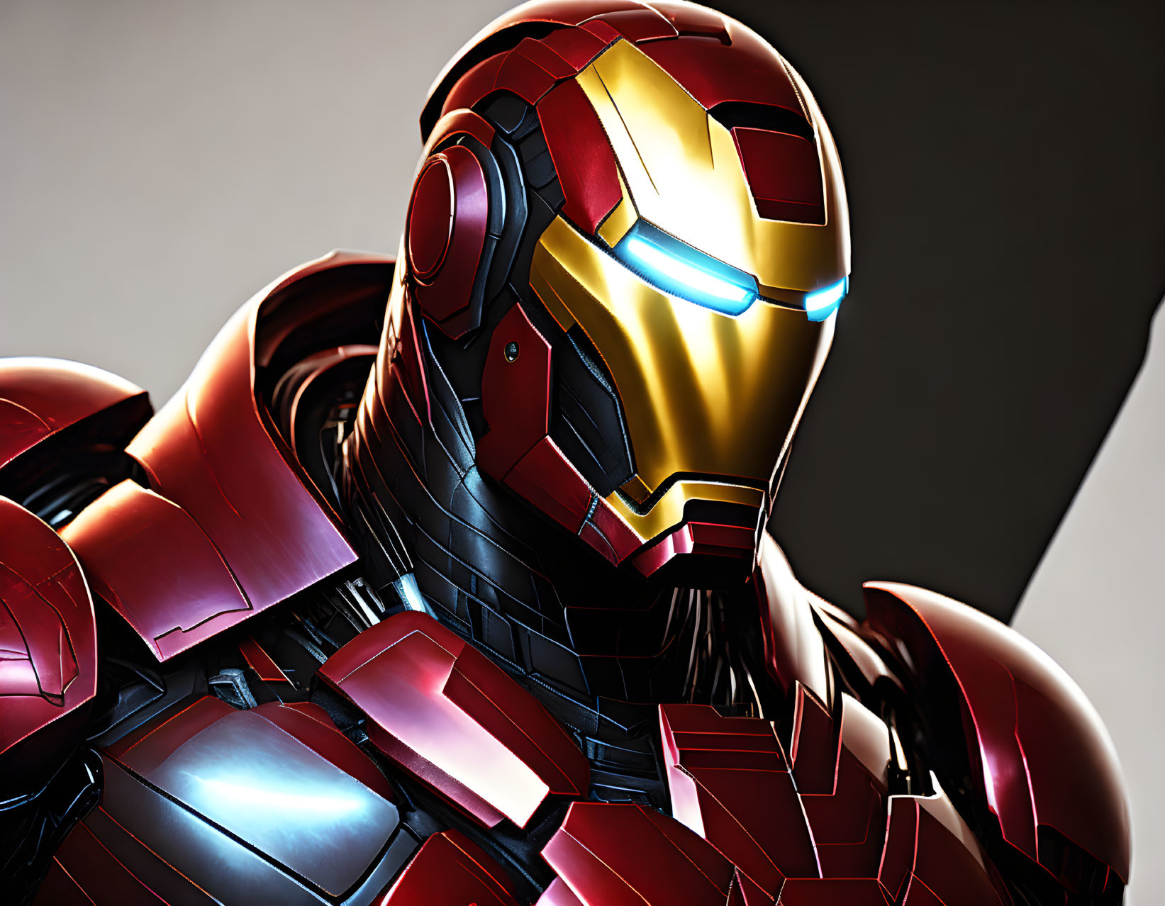 Detailed Metallic Red and Gold Superhero Suit with Glowing Blue Eyes