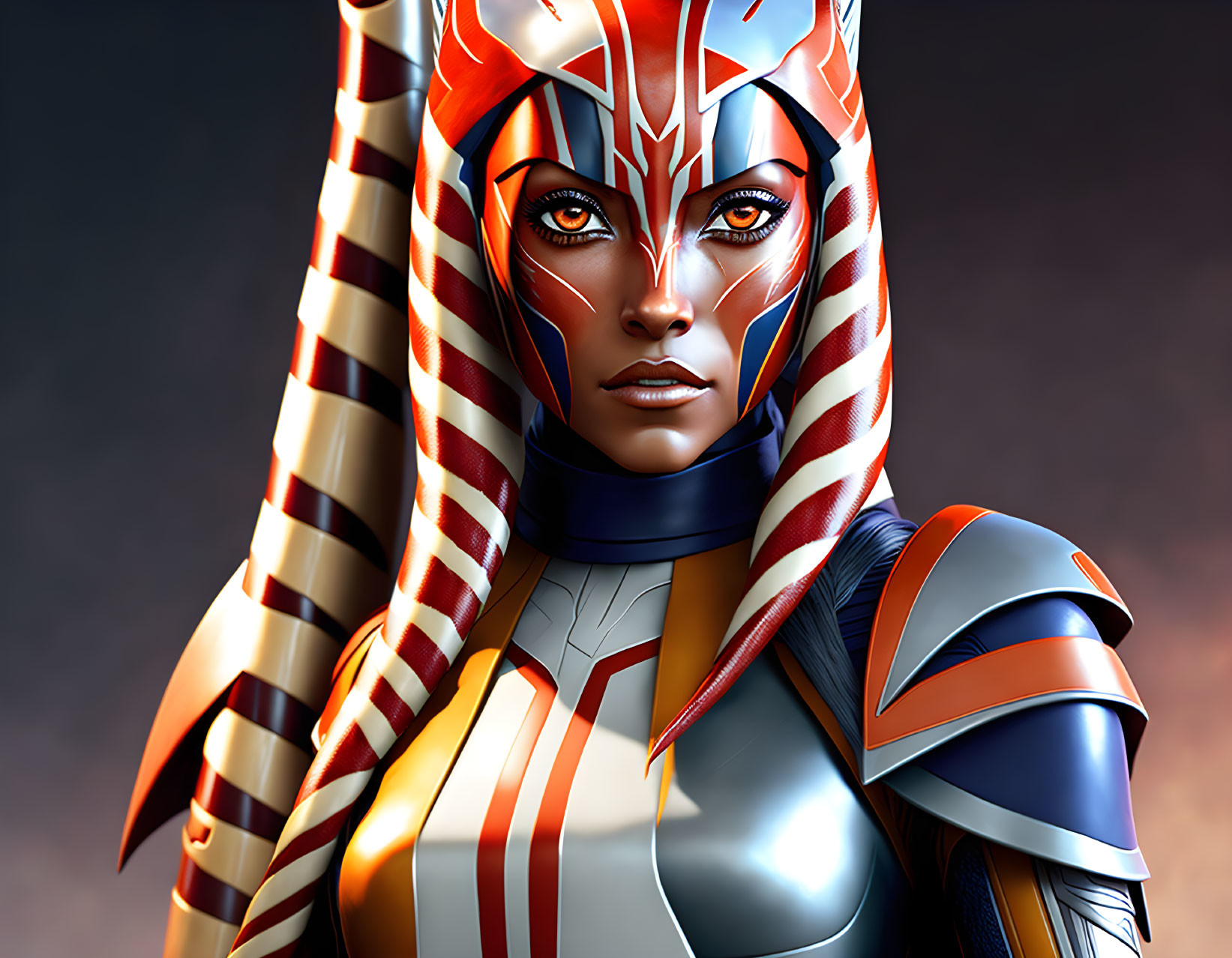 Female character with white and blue face markings in red and white striped headdress and armor.