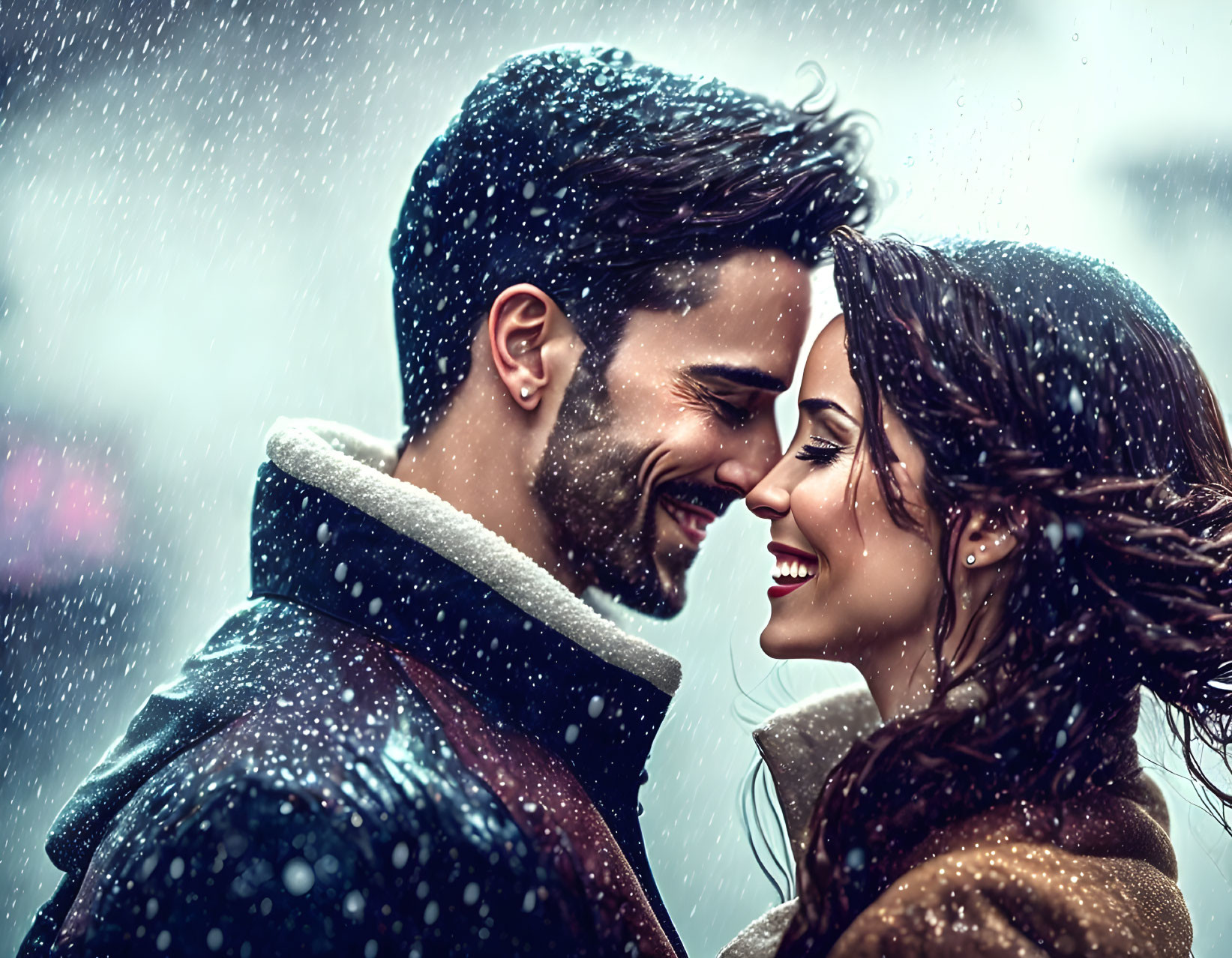 Smiling couple in close embrace under gentle snowfall