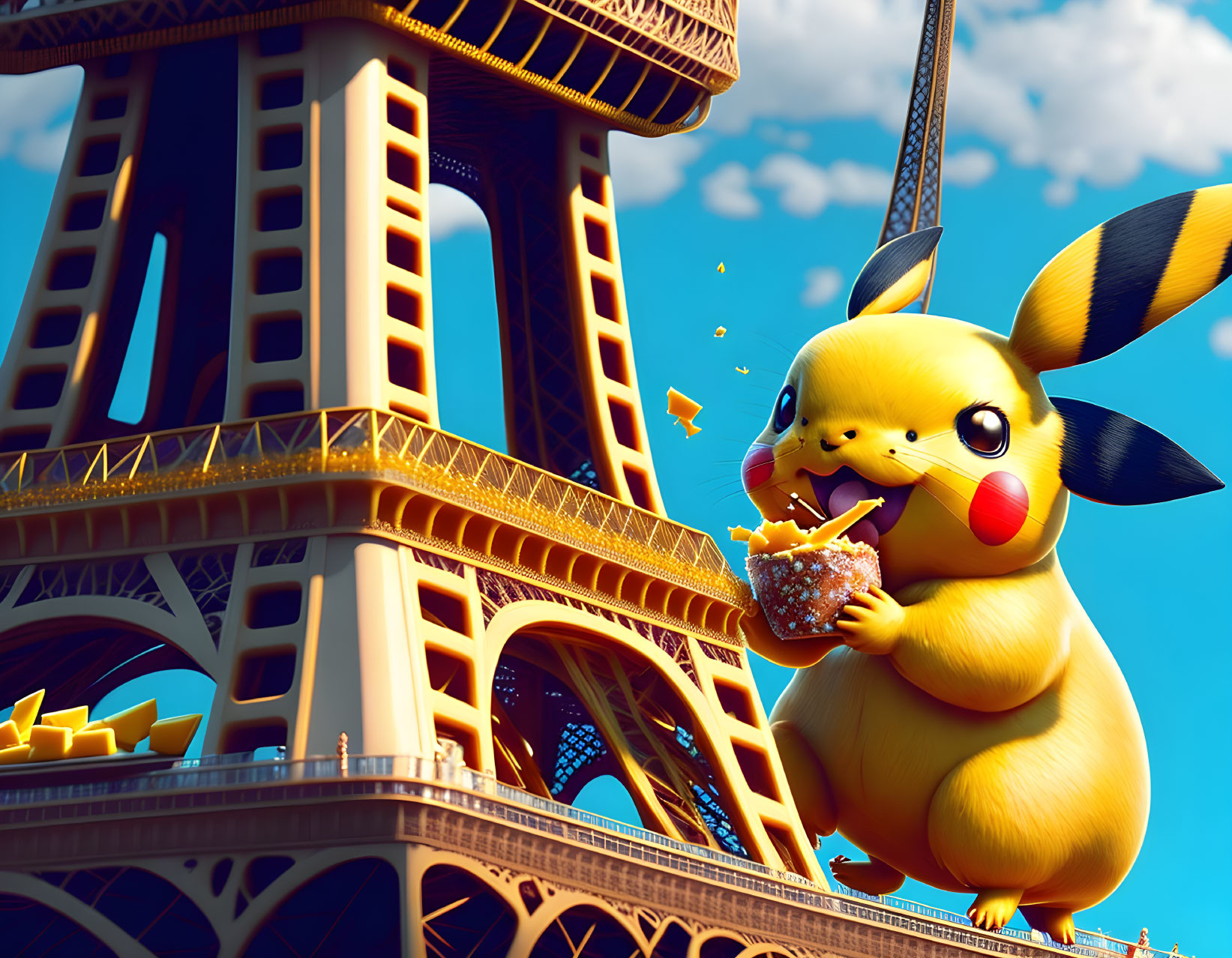 Yellow Pikachu Holding Beignet with Eiffel Tower Background