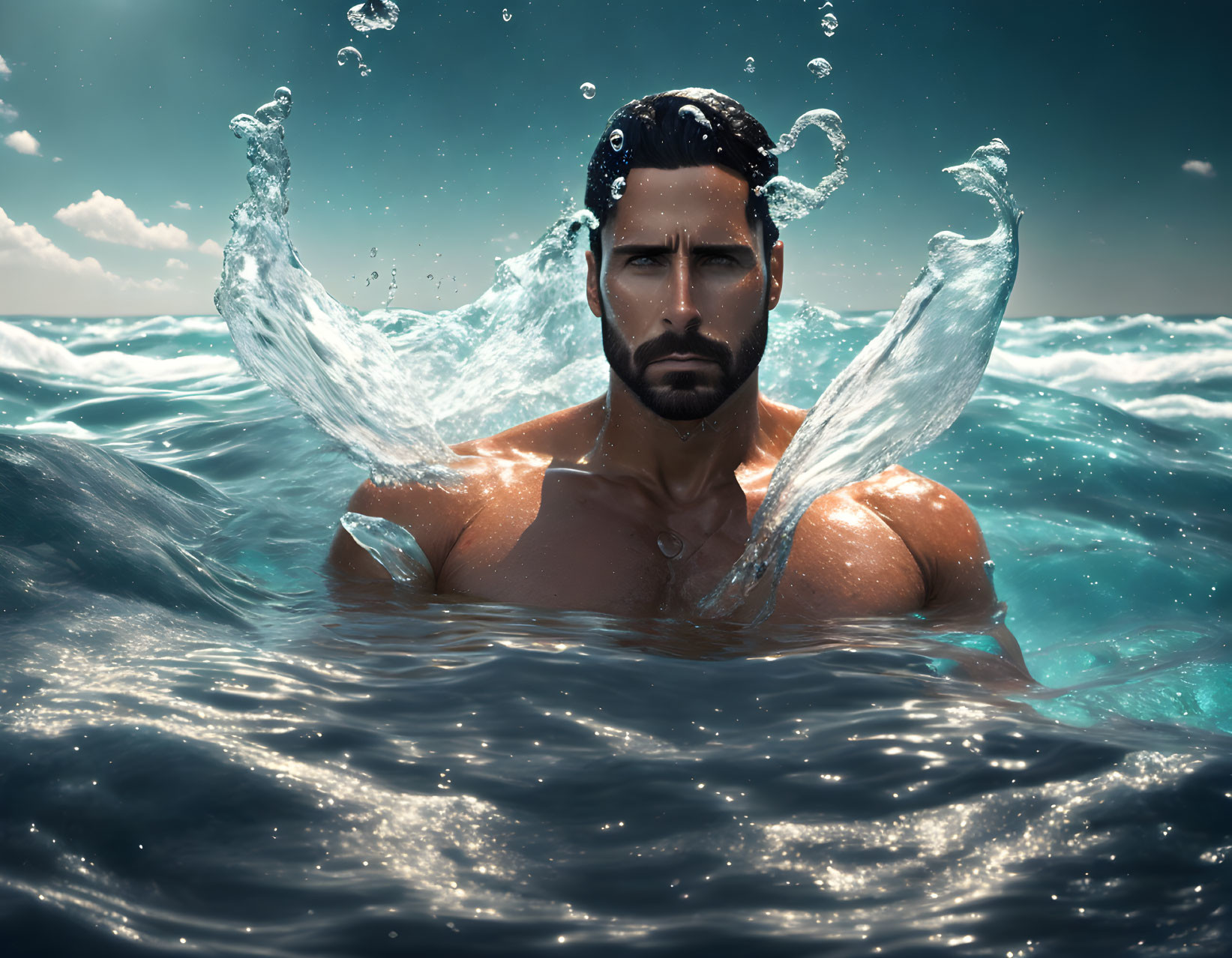 Man emerging from the sea with wing-like water splashes under sunny sky