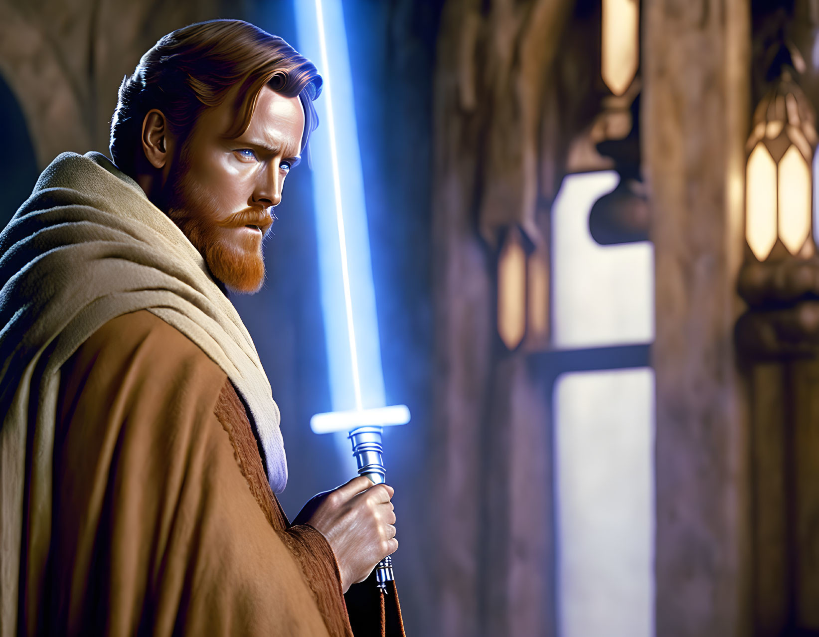 Bearded character in brown robe wields blue lightsaber by window