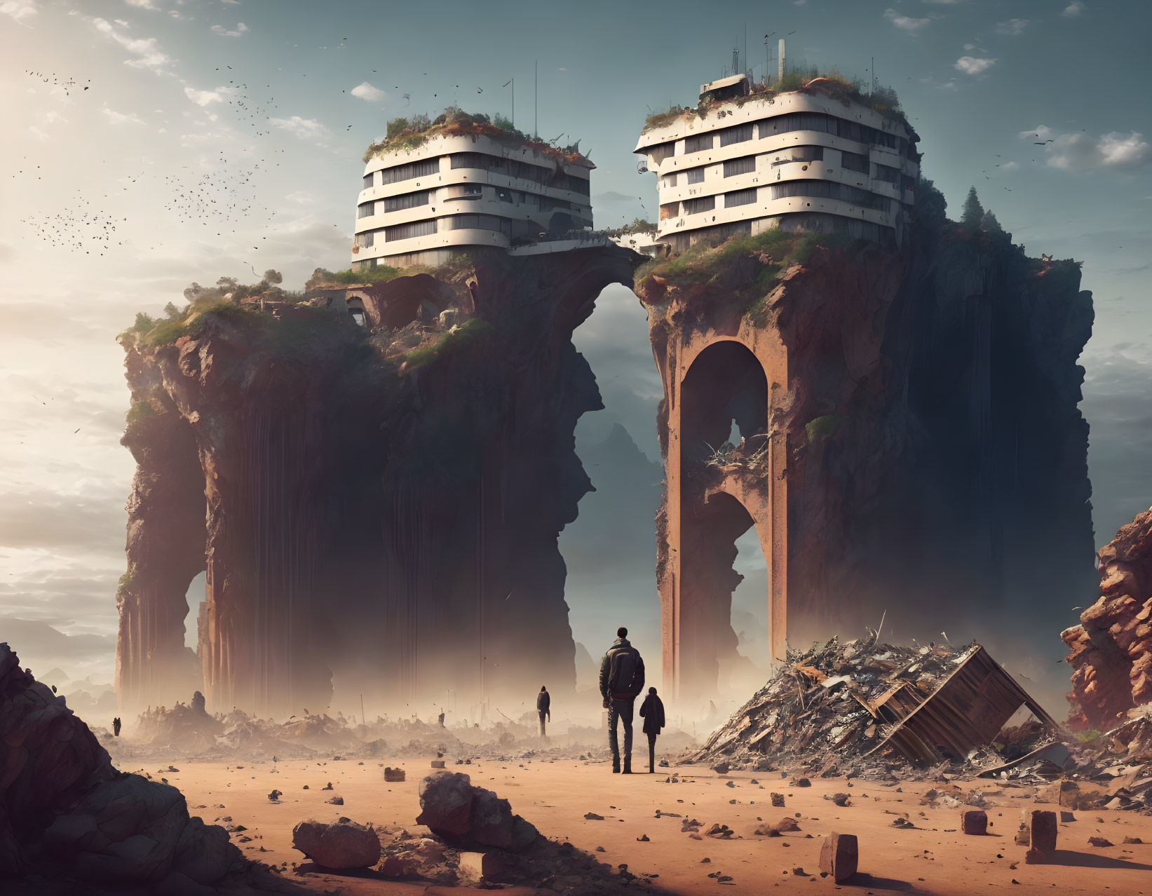 Dystopian landscape with figures walking towards twin rock towers