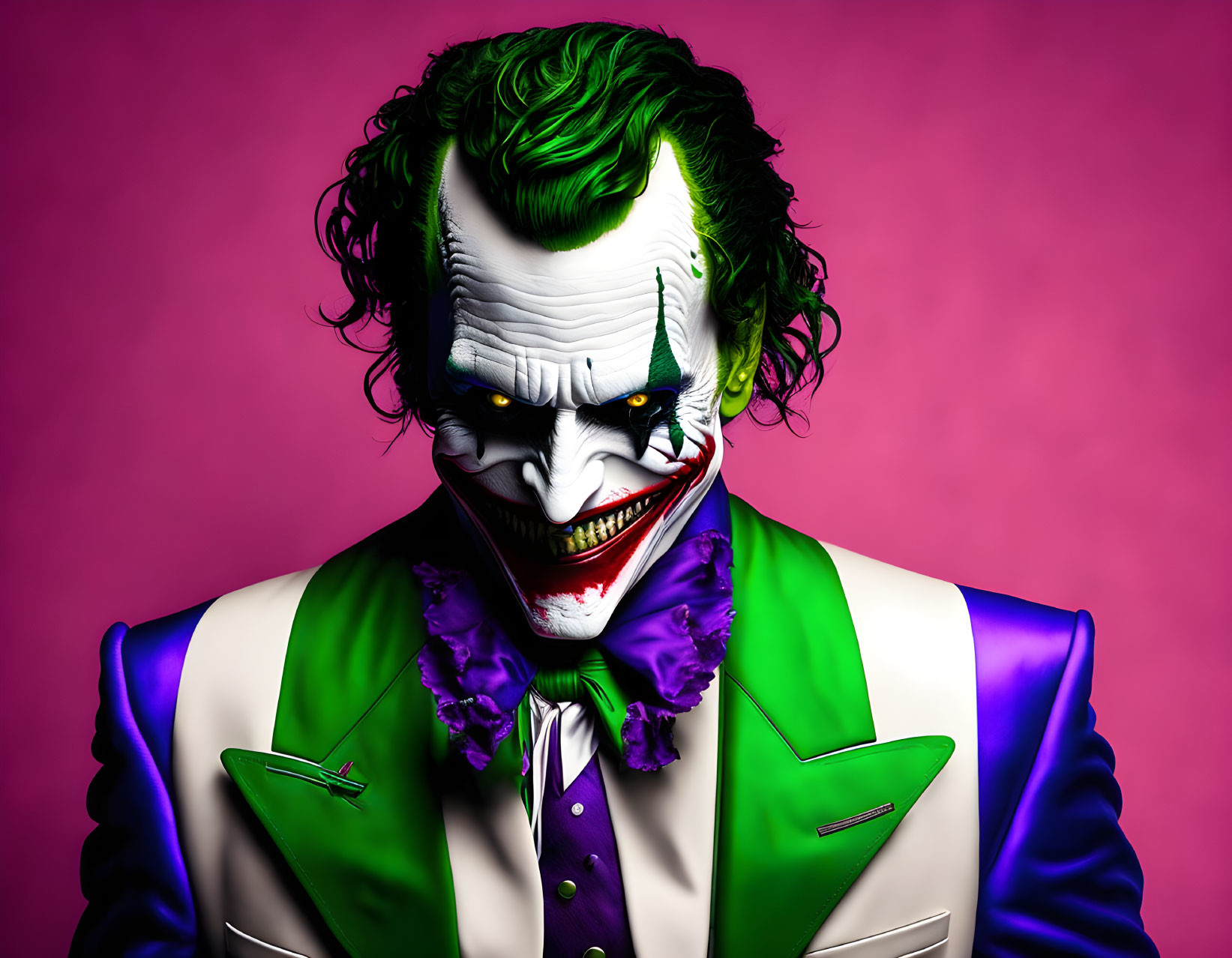 Vibrant Joker portrait with green hair, white face, and pink backdrop