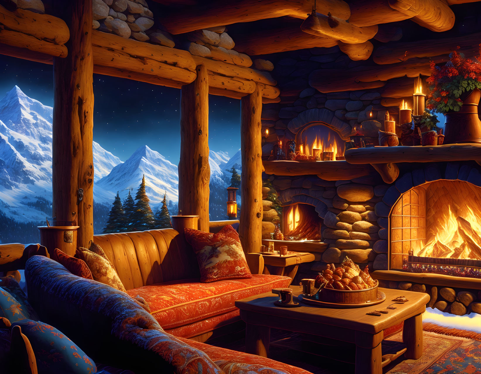 Cozy Log Cabin Interior with Fireplace & Snowy Mountain View