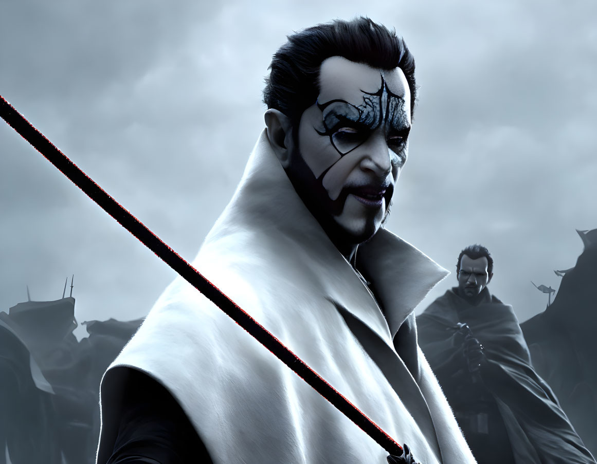 Male animated character with black mark, white cape, and red lightsaber