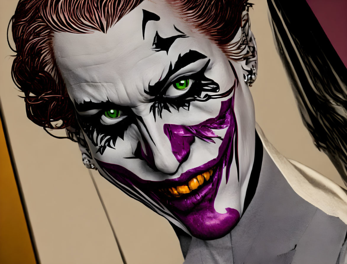 Sinister Joker portrait with green eyes, white face paint, purple accents, and a suit