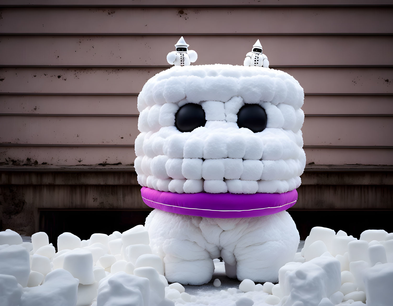 Cartoonish snow sculpture with expressive eyes in front of a building