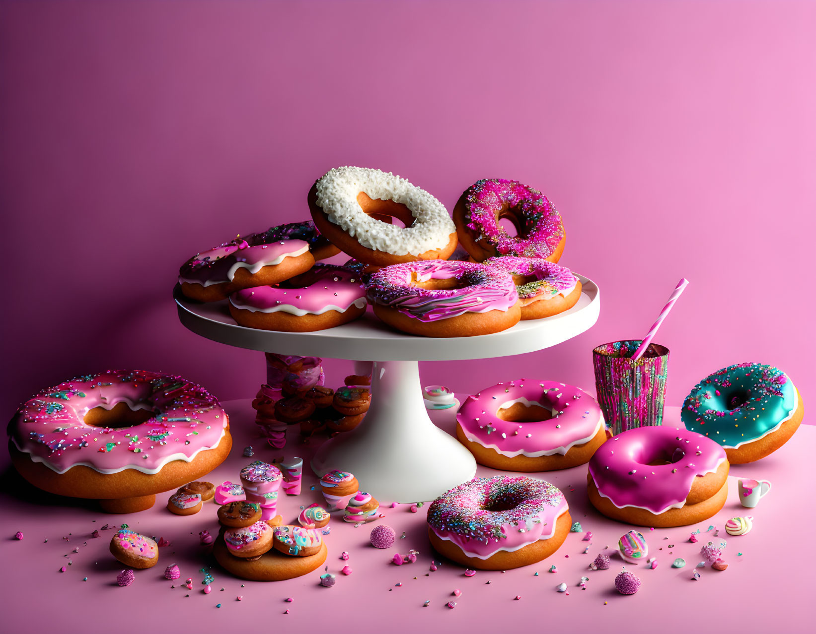 Assortment of Colorful Doughnuts with Icing and Sprinkles on Stand