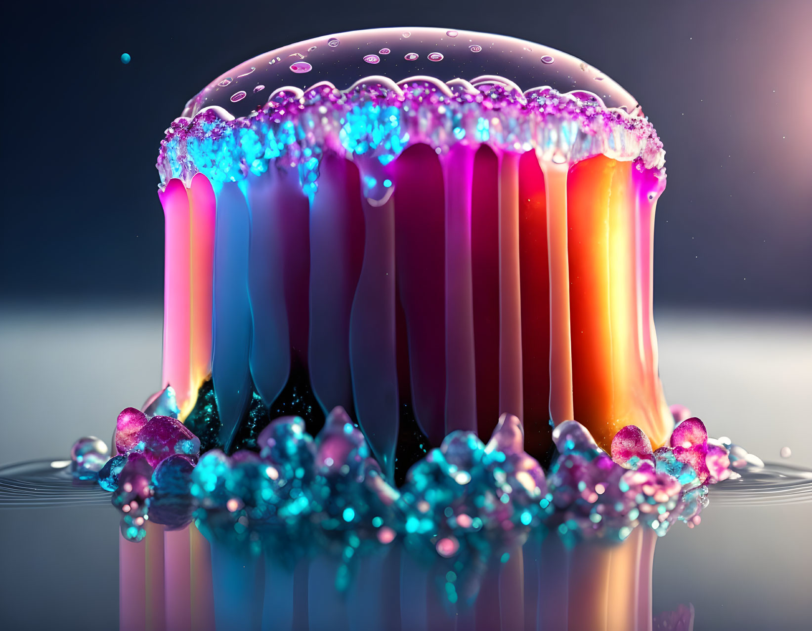 Colorful 3D illustration of gelatinous object with vibrant liquid and bubbles on reflective surface