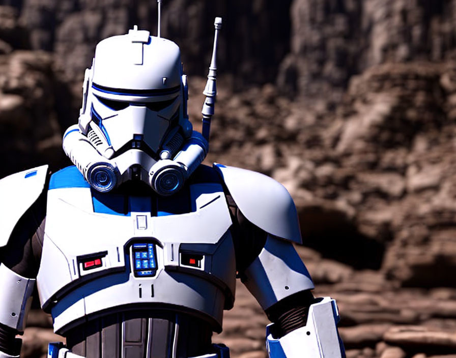 White and Blue Armored Humanoid Robot Model with Helmet and Antenna on Rocky Terrain