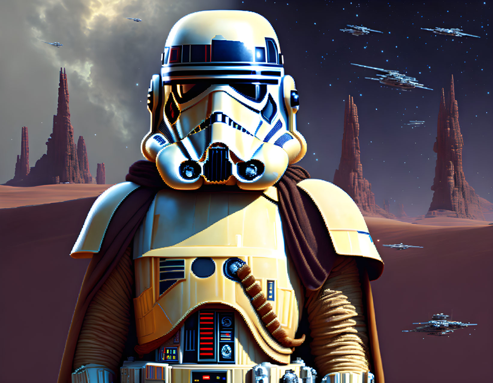 Stormtrooper in desert gear with starships in dusky sky