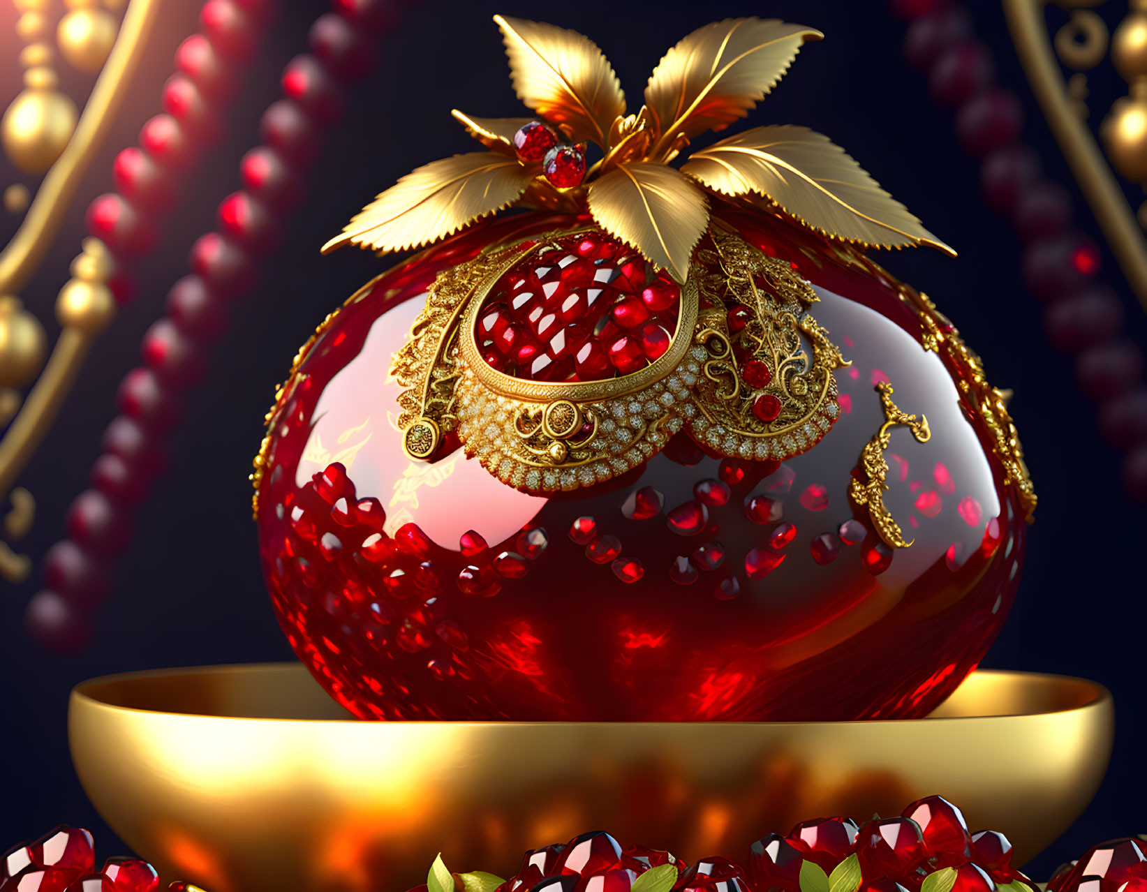 Luxurious Red and Gold Christmas Ornament with Ruby and Leaf Motif