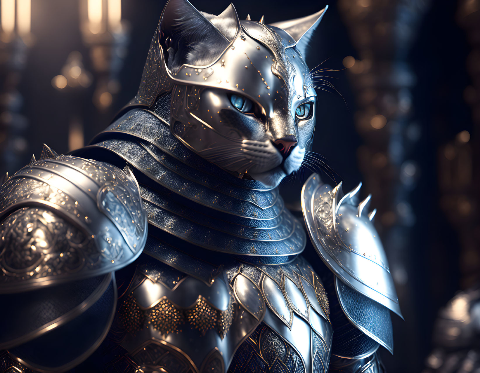 Anthropomorphic cat in medieval armor with ornate background