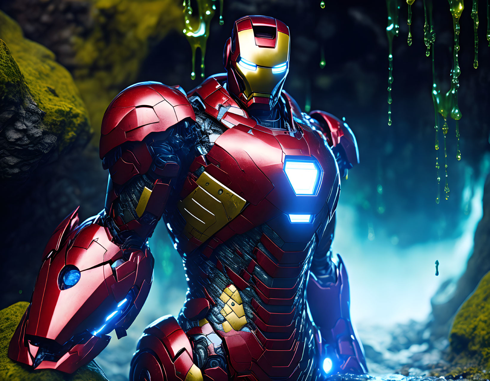 Detailed Realistic Iron Man Suit in Cave with Blue Glowing Lights & Green Slime