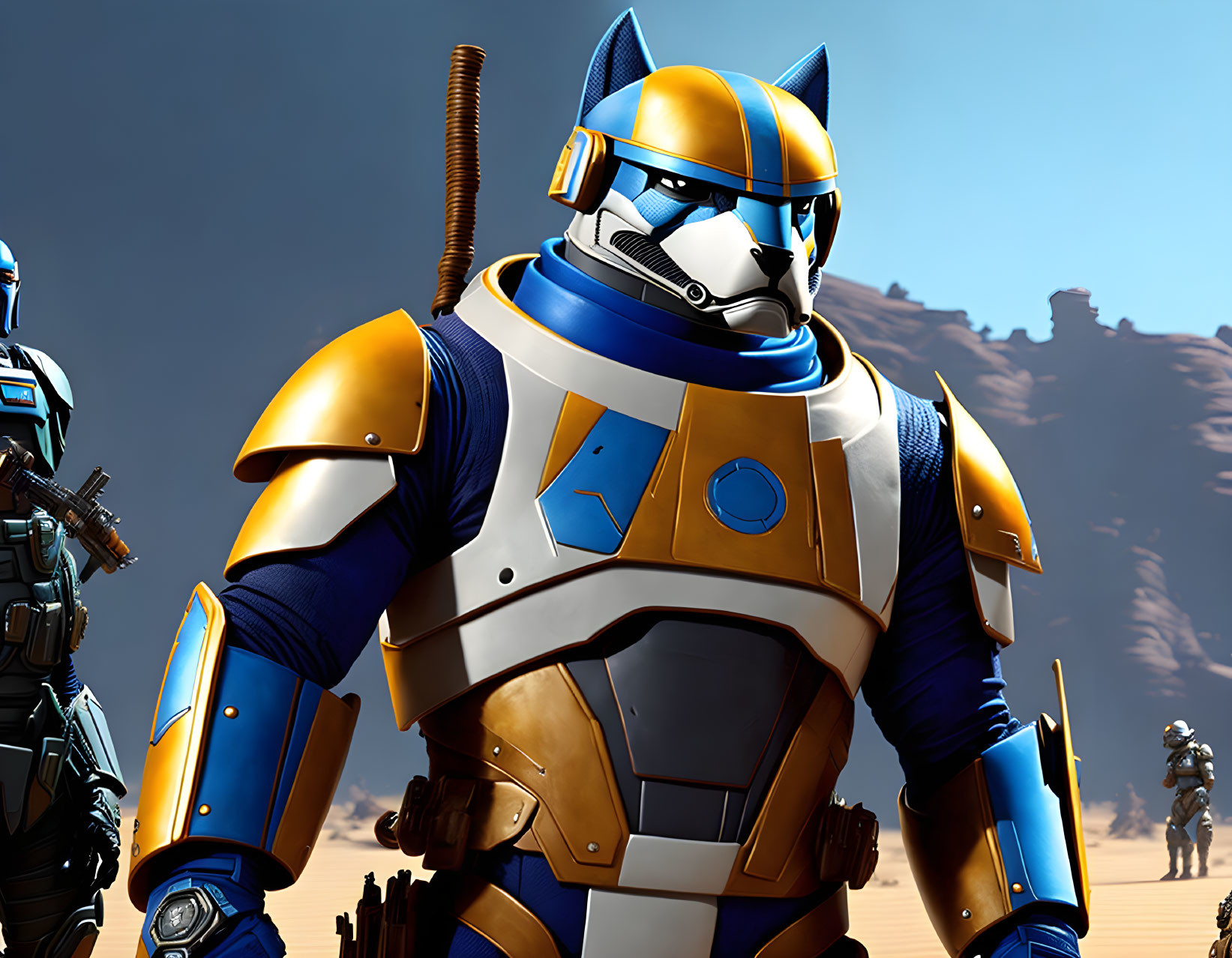 Armored Figures in Desert Setting with Blue and Gold Armor