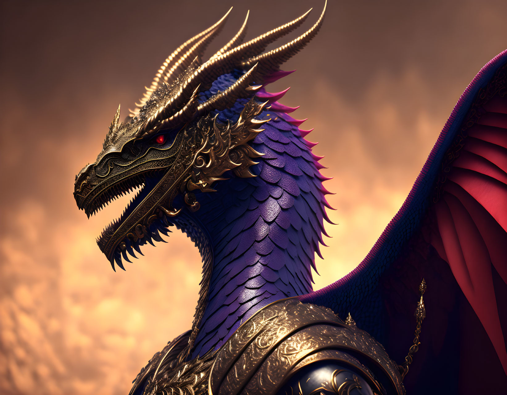 Detailed blue-scaled dragon with golden armor in warm sky