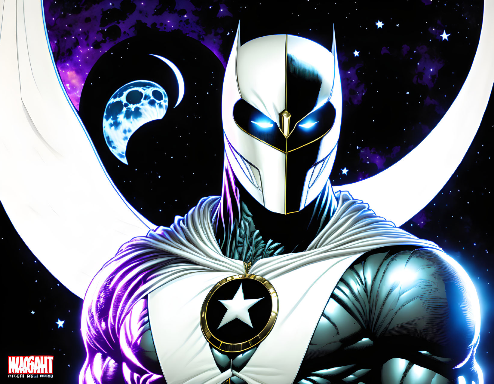 Comic book character in white and black costume with star emblem on cosmic backdrop