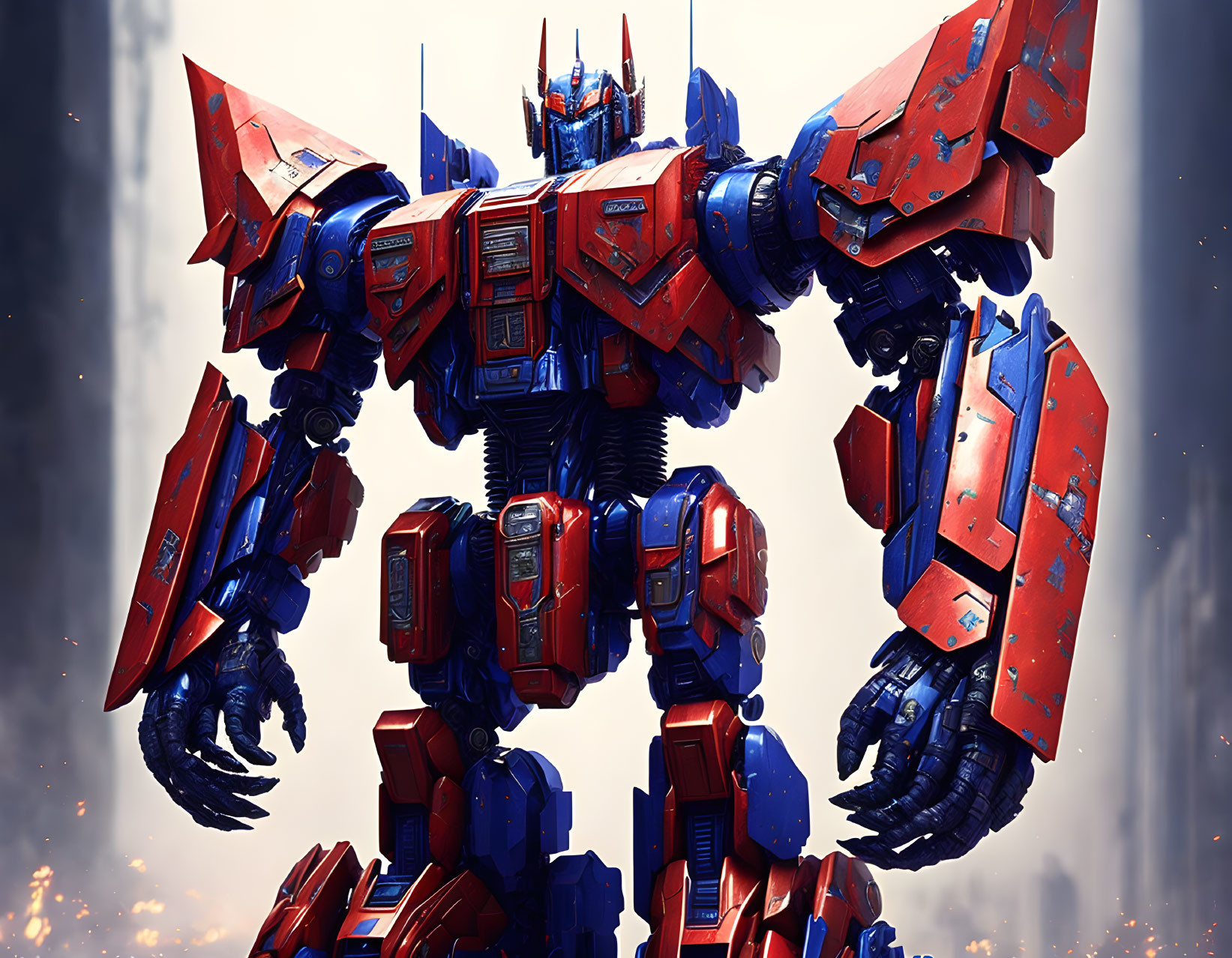 Vibrant red and blue detailed illustration of Autobot leader Transformer.