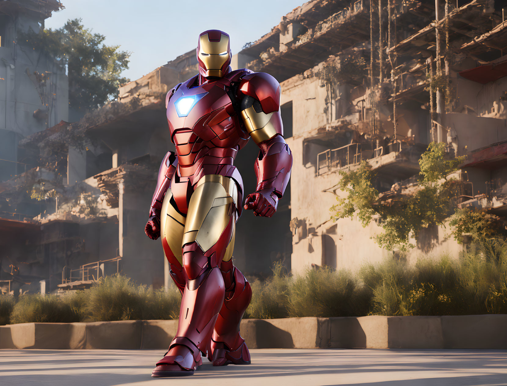 Gold and Red Iron Man Suit with Blue Chest Reactor Standing Confidently in Sunlit Area