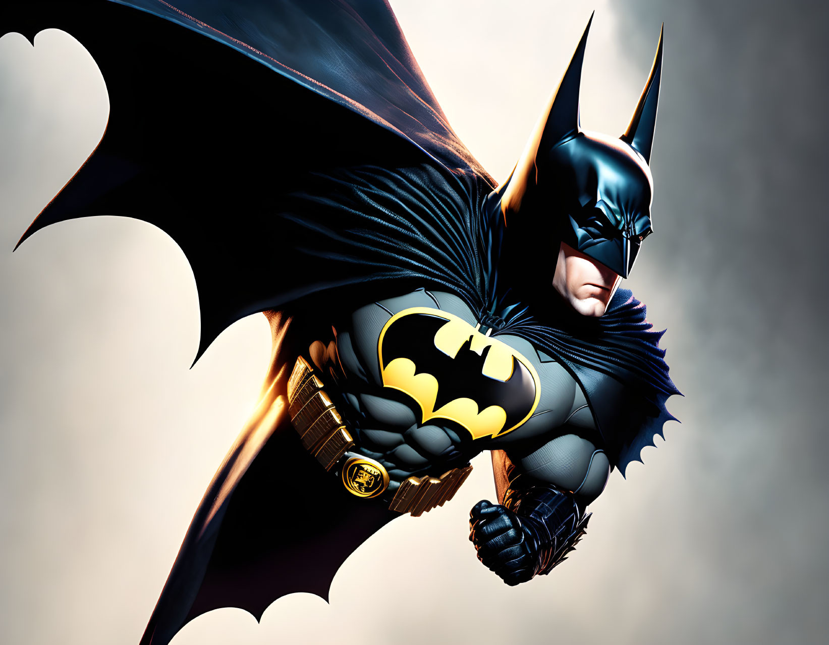 Dynamic Batman illustration with flying cape & iconic costume.