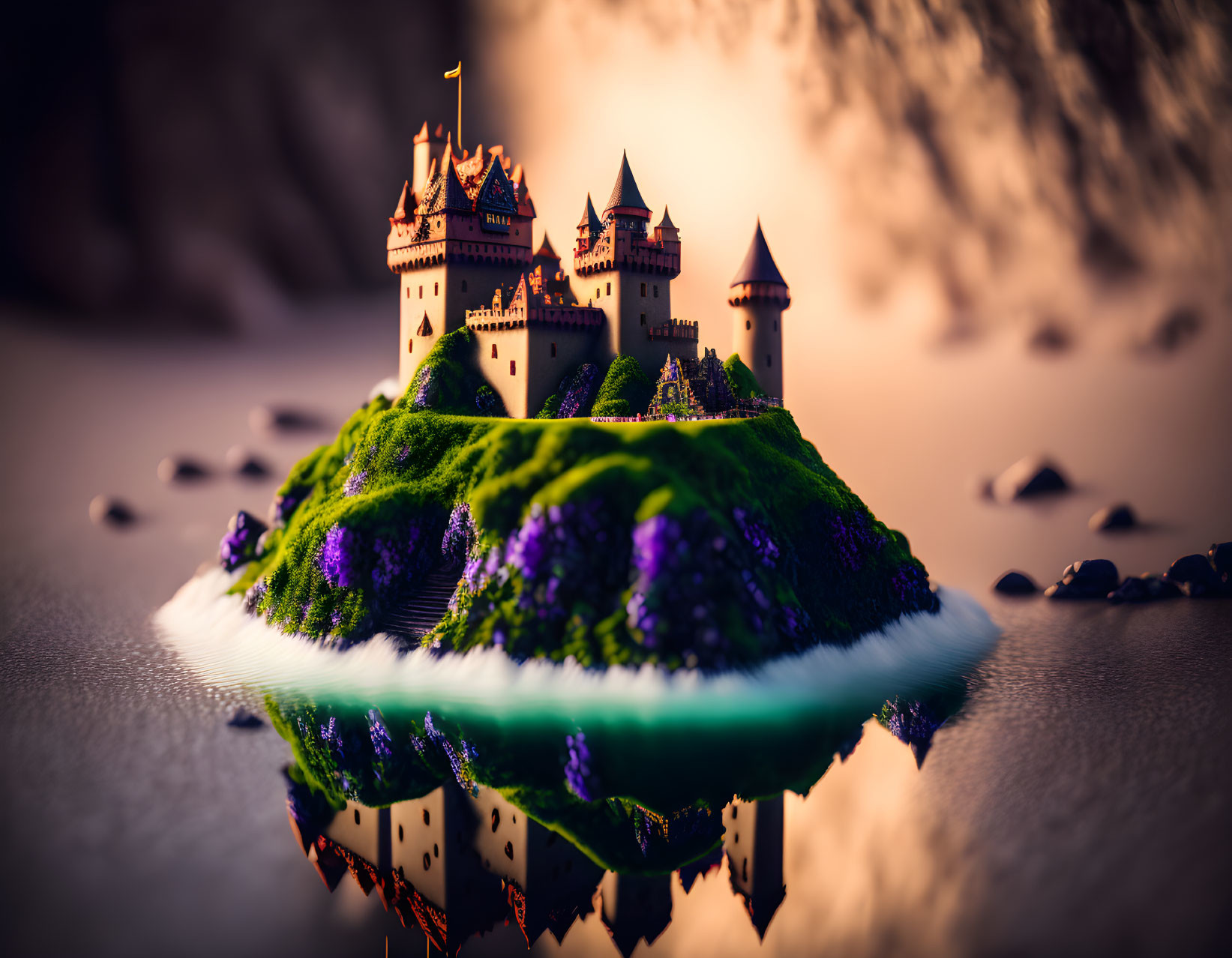 Floating island fairytale castle with lush greenery and purple flowers