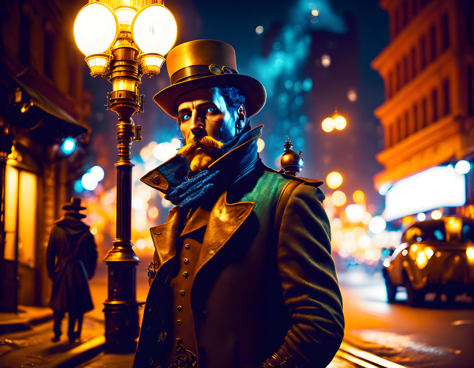 Victorian-era person in top hat and coat on illuminated city street