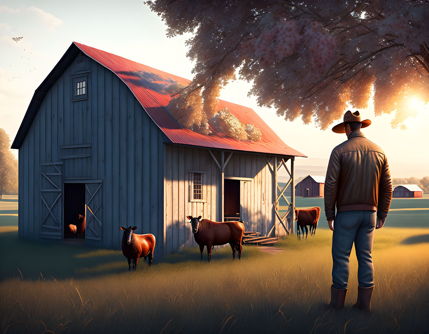 Cowboy hat person admires barn, sheep, tree, and sunset scene.