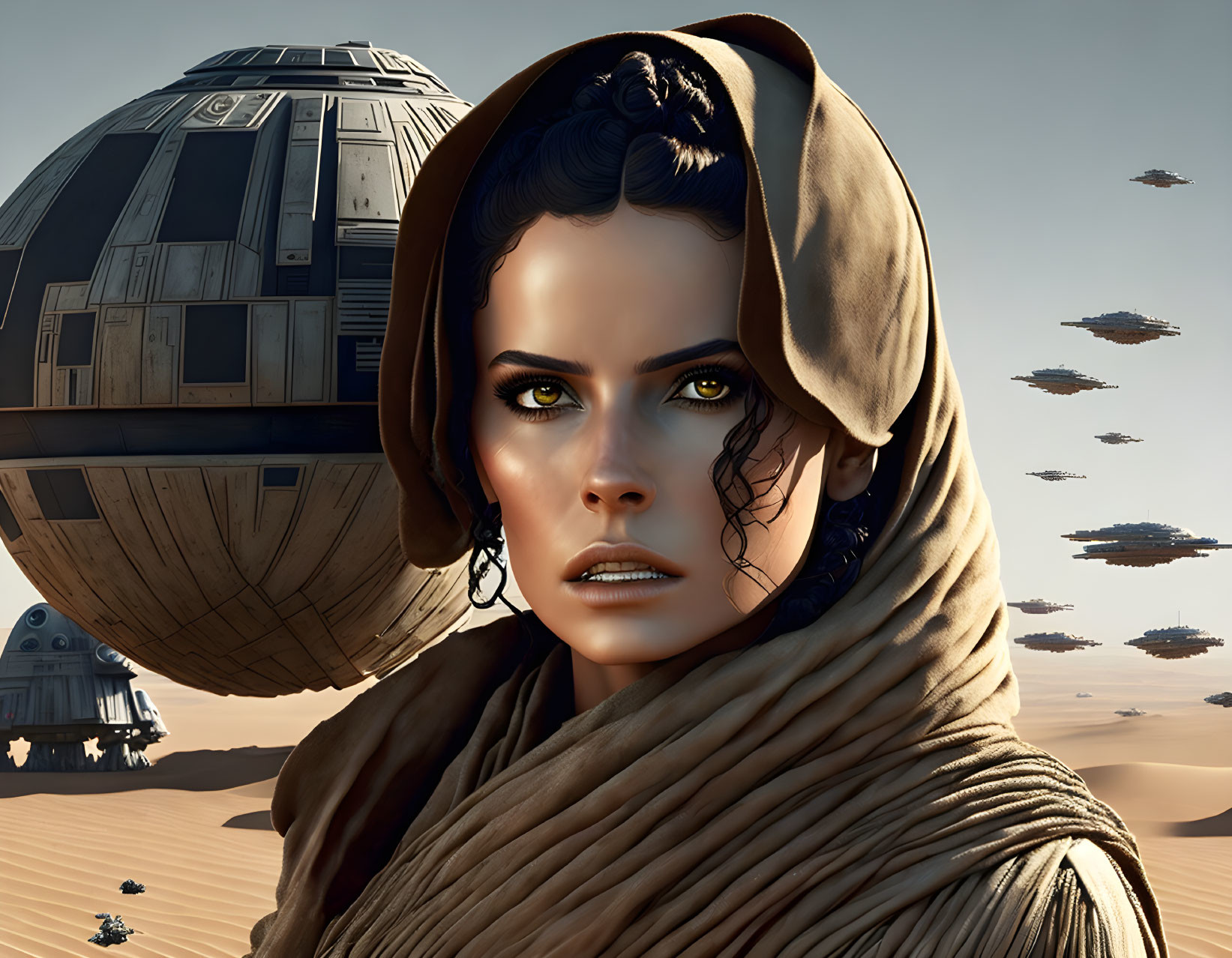 Dark-haired woman in desert with droid and flying ships