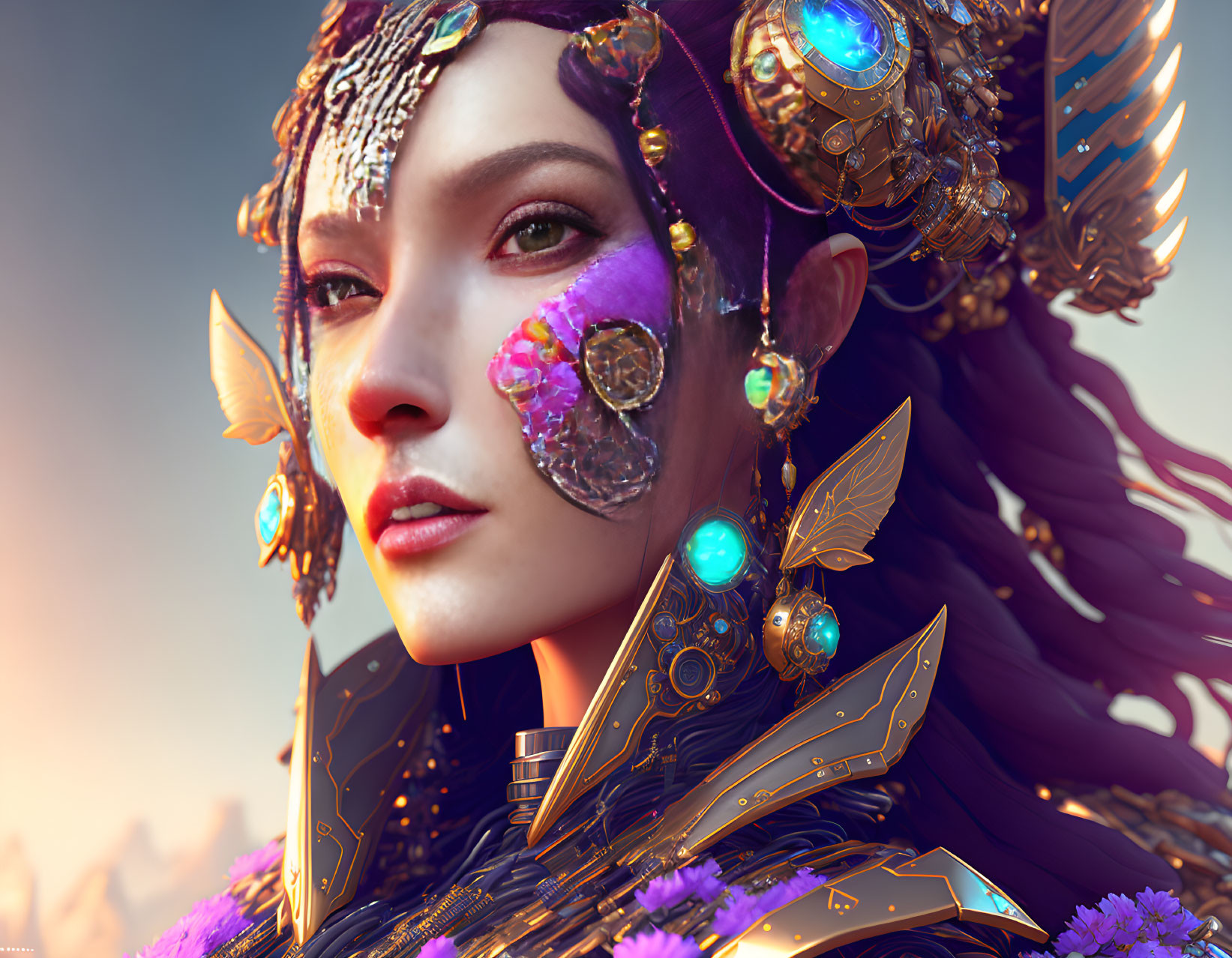 Detailed digital artwork: Woman in golden and blue armor with glowing jewels, intricate designs, set in sunset