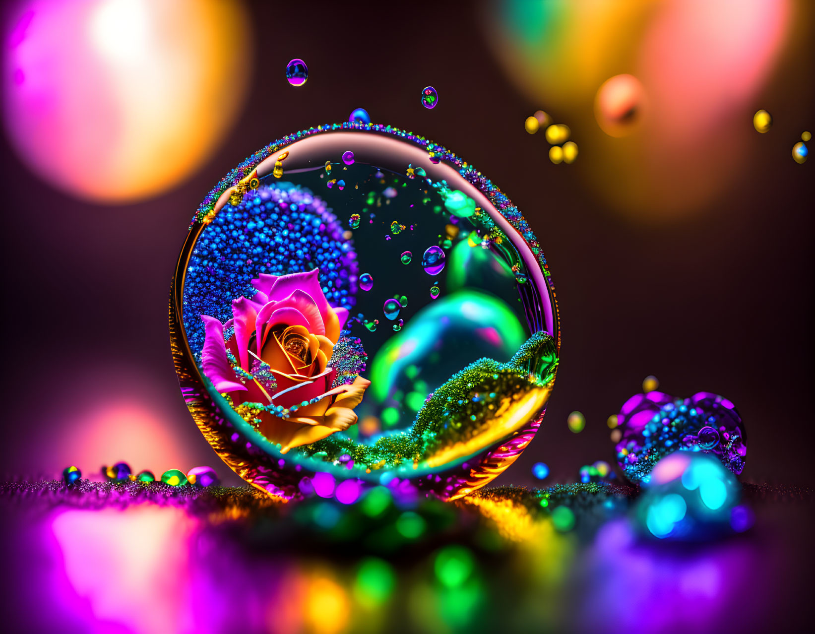 Colorful rose in soap bubble on reflective surface with bokeh background