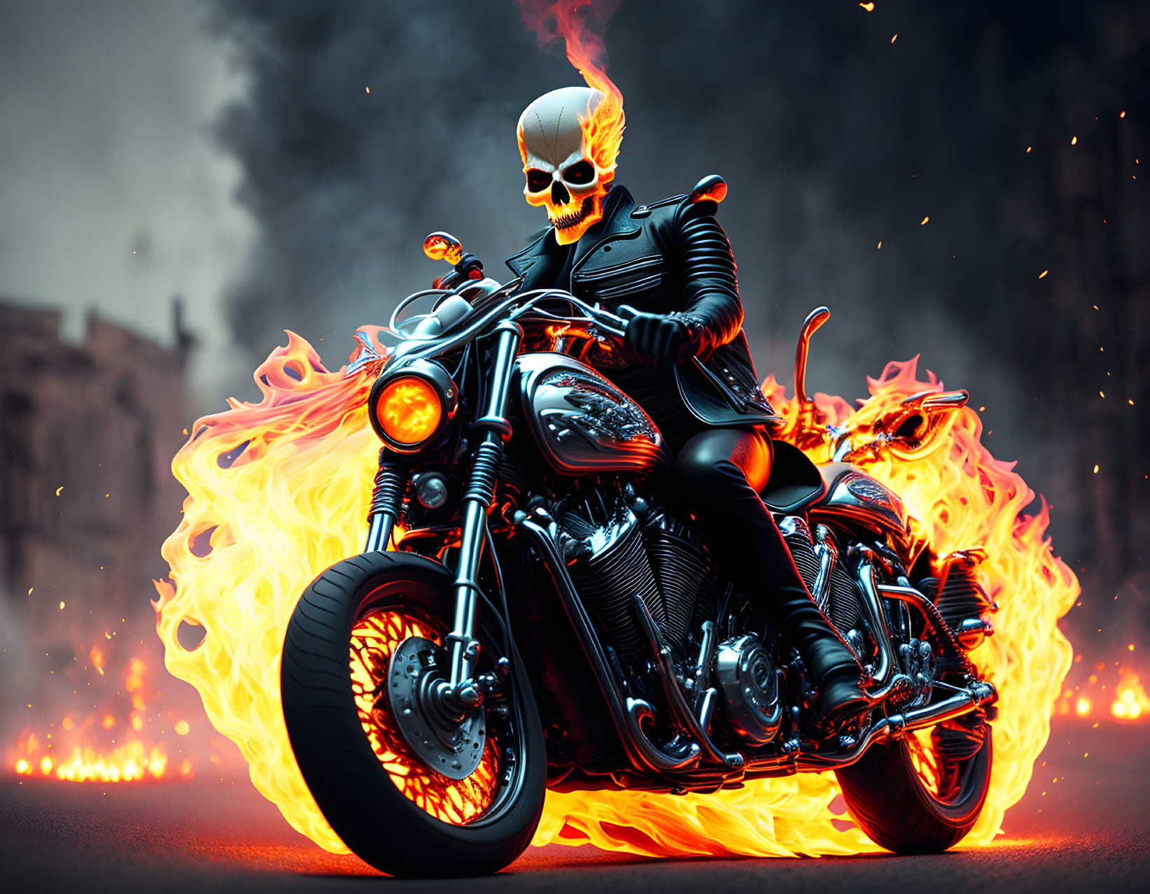 Flaming skull rider on black motorcycle in fiery scene