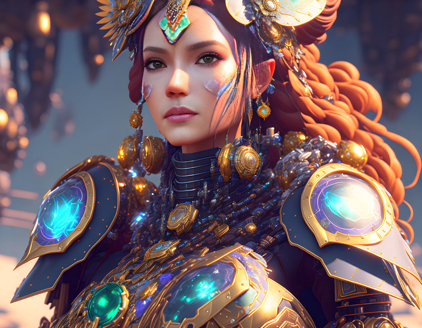 Detailed 3D rendering of female warrior in ornate golden armor with blue glowing elements, intricate he