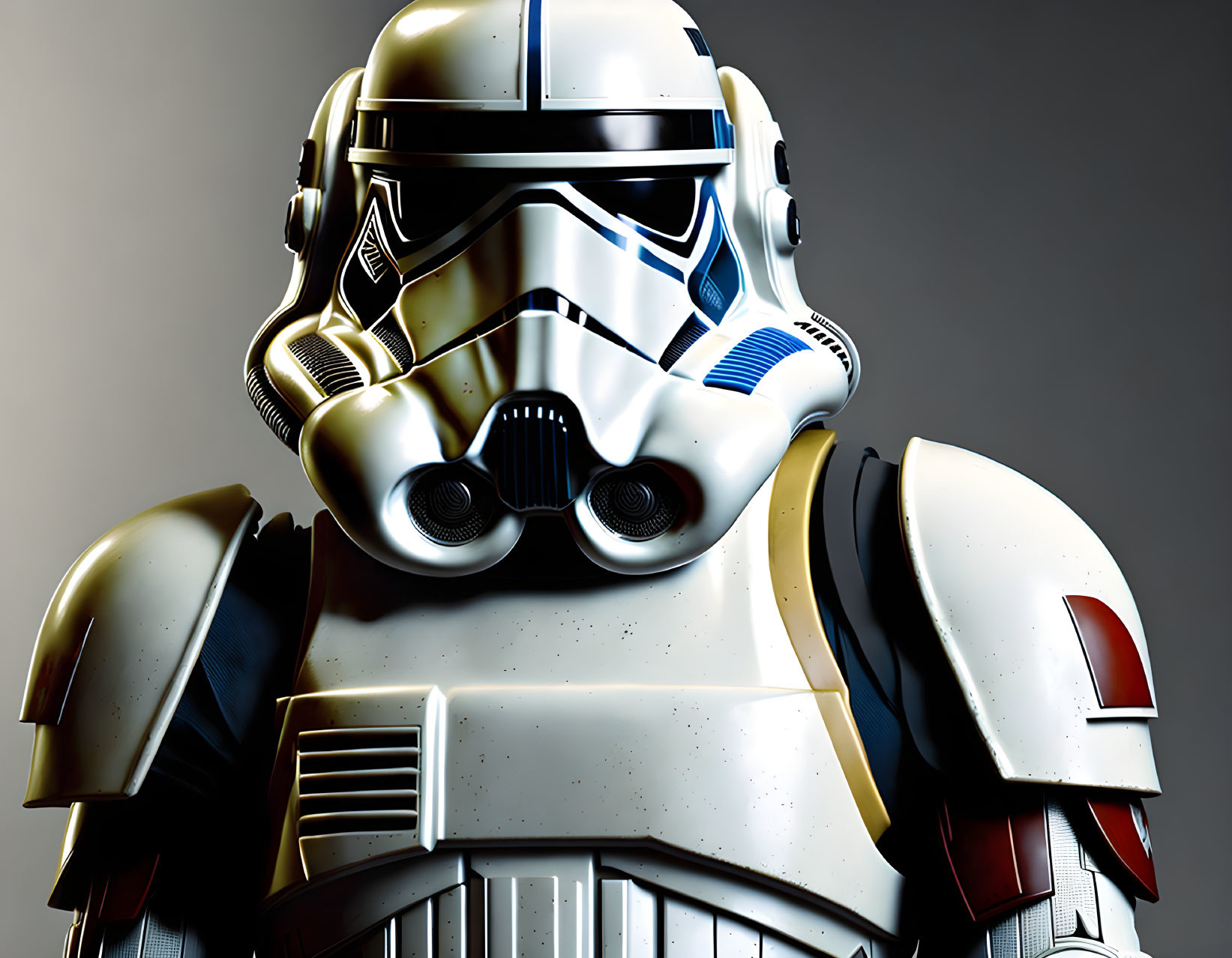 Detailed Stormtrooper helmet and armor close-up on grey background