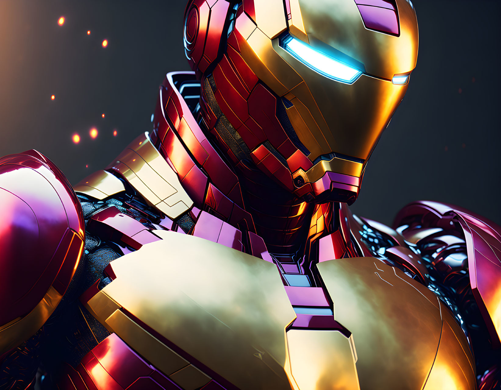 Detailed Close-Up of Glowing Iron Man Helmet and Torso