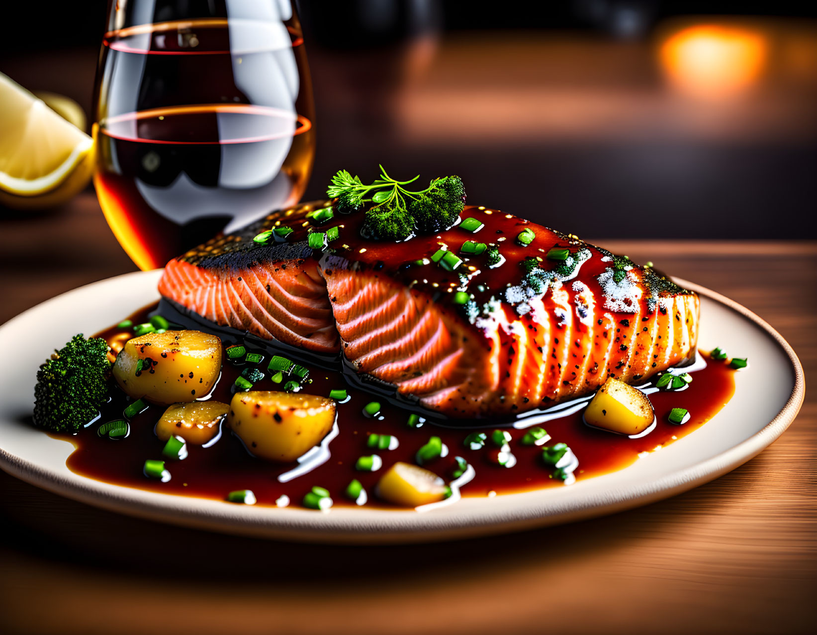 Grilled Salmon Fillet with Herb Garnish, Roasted Potatoes, Broccoli, Glaze