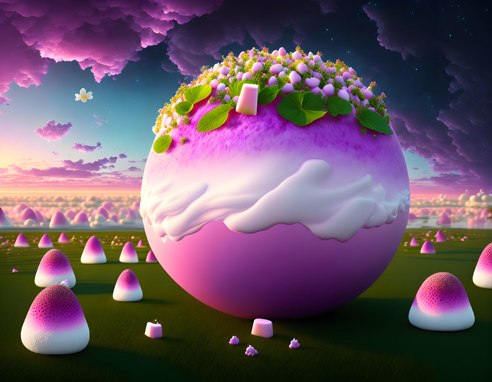 Surreal landscape with giant cupcake orb and hills under purple sky