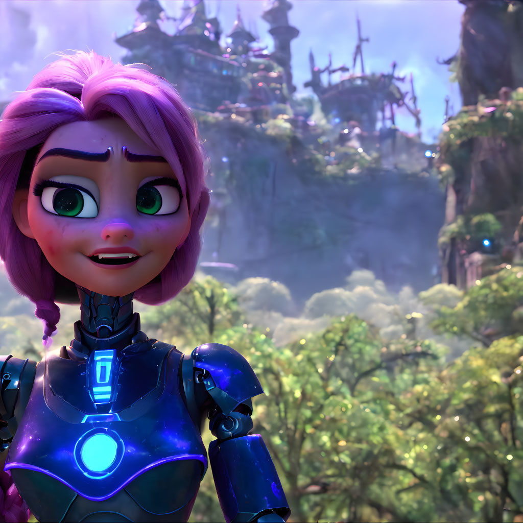 Close-up 3D animated female character with pink hair and green eyes in futuristic armor against lush forest