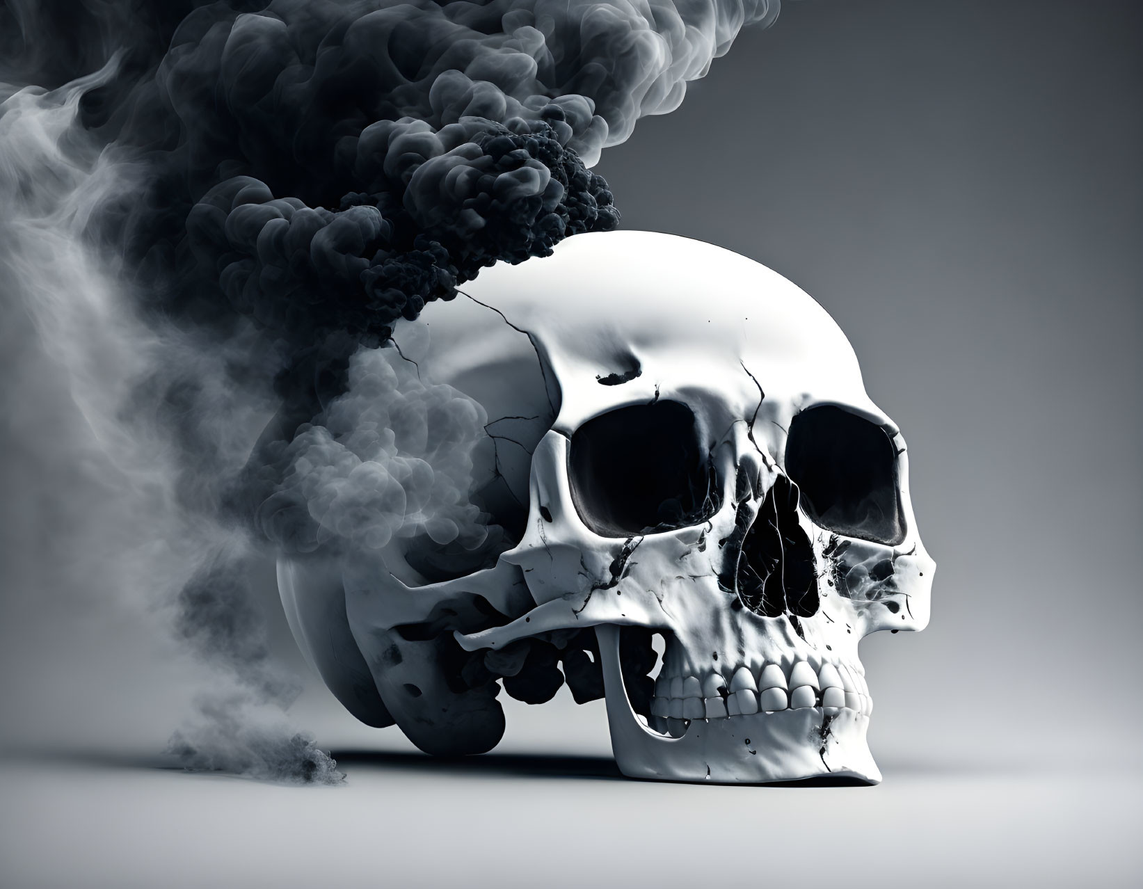 Dark Smoke Billowing from Human Skull on Grey Gradient Background